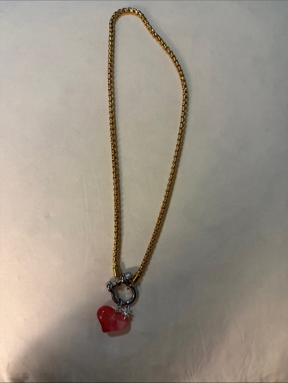 Gold-Tone Chain Necklace with Red Heart Charm